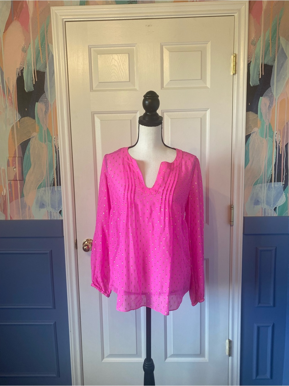 Lilly Pulitzer Colby Silk Clip Top Hot Pink Gold Metallic Blouse Sz Small